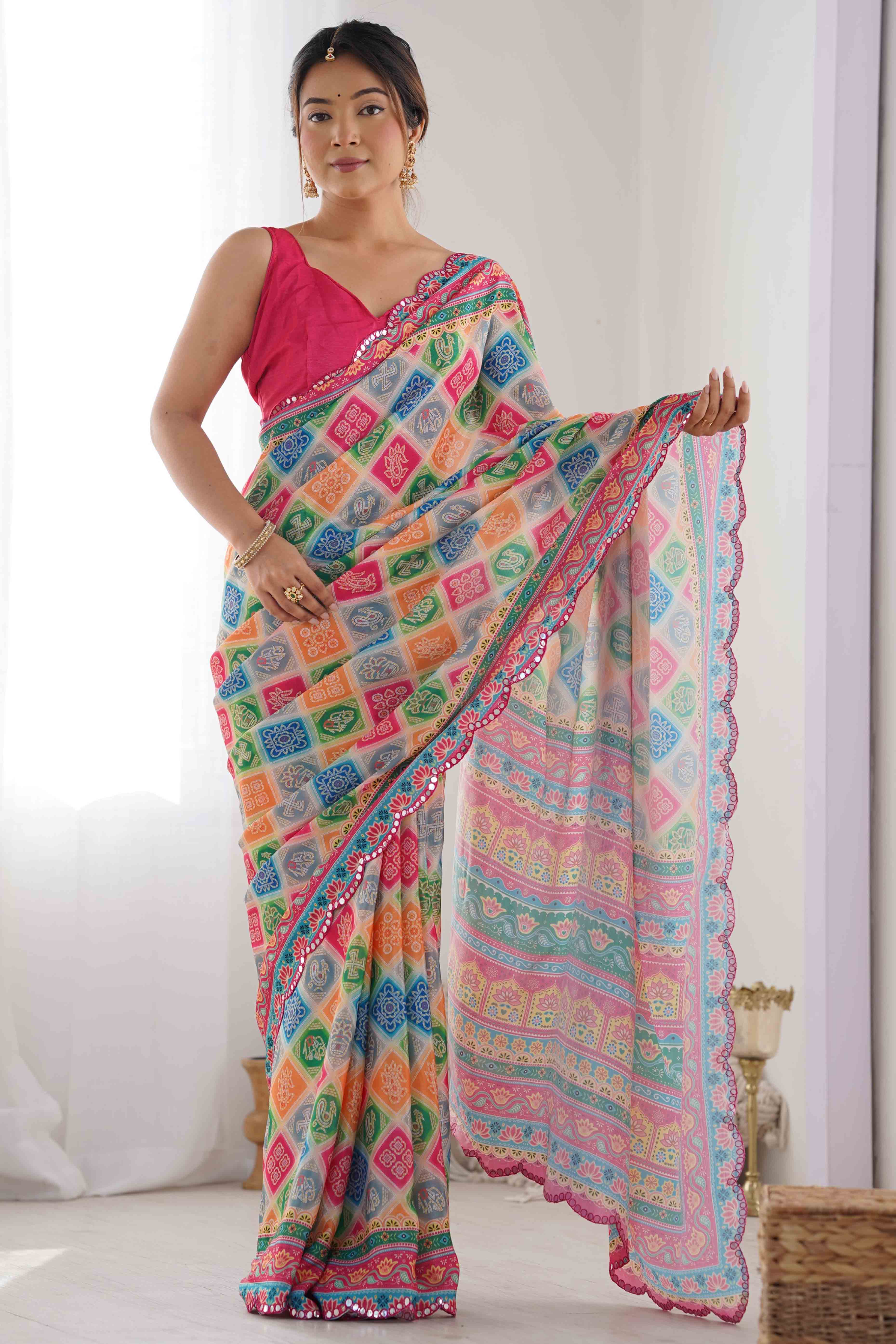 Multicolor Bandhani Printed Chinon Saree