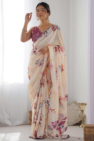 Cream Floral Printed Chinon Saree