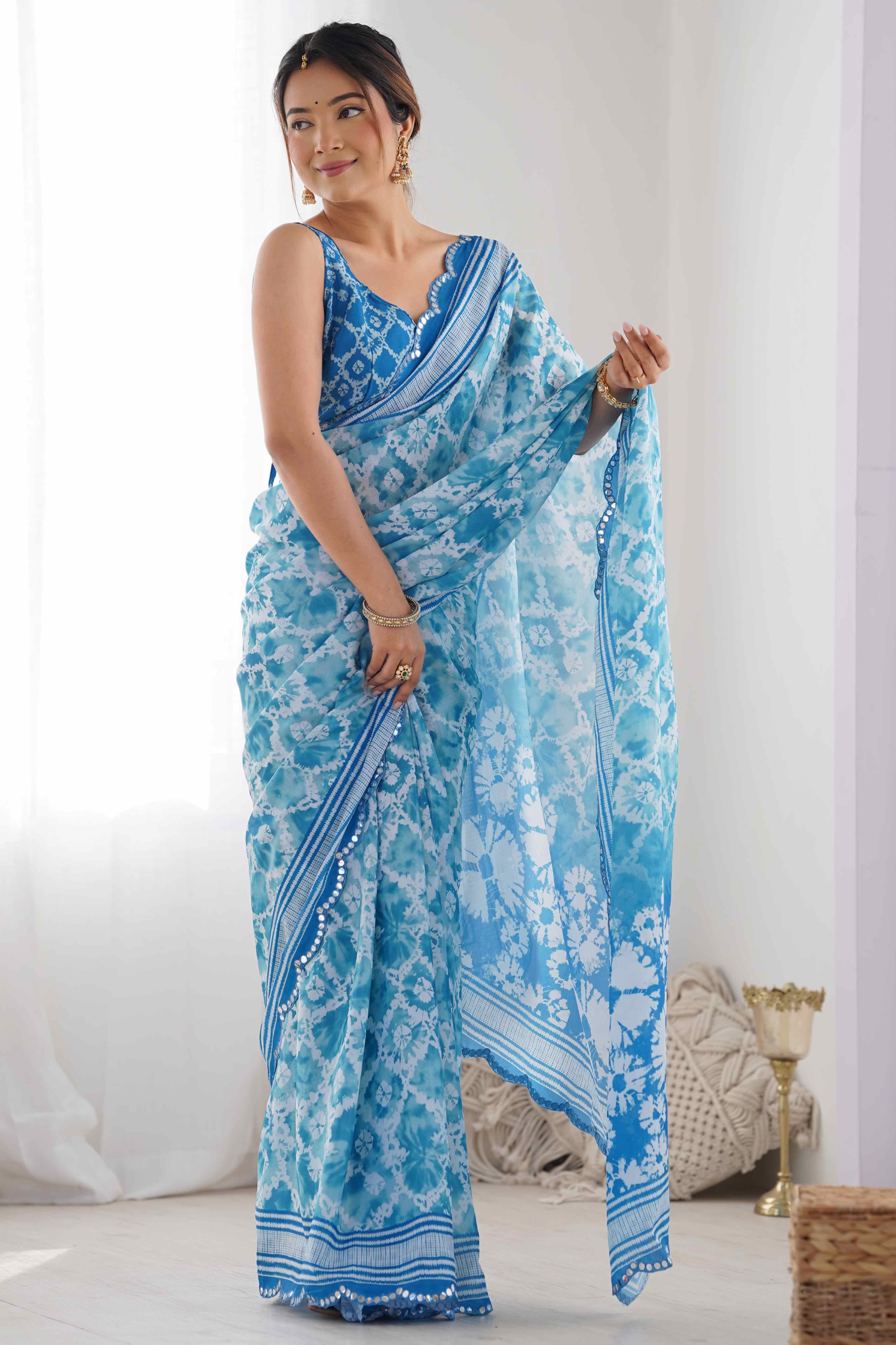 Blue Tie Dye Printed Chinon Saree