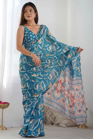 Light Teal Floral Printed Chinon Saree