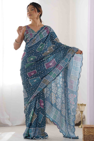 Teal Geometric Printed Chinon Saree