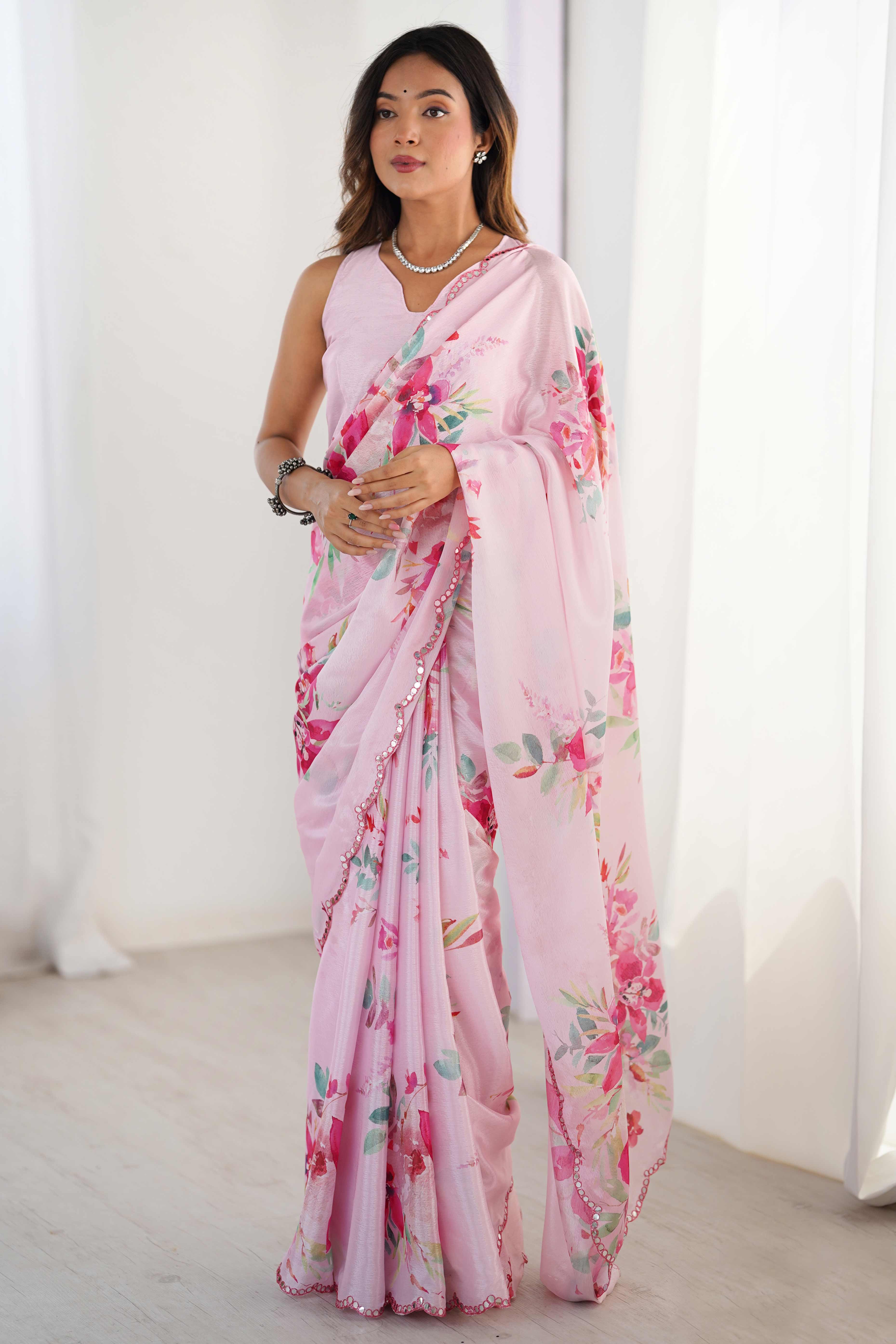 Pink Floral Printed Chinon Saree With Shimmering Mirror Detailing