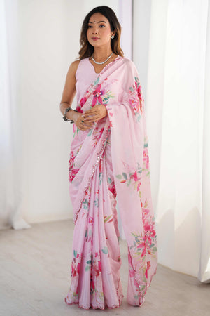 Pink Floral Printed Chinon Saree With Shimmering Mirror Detailing