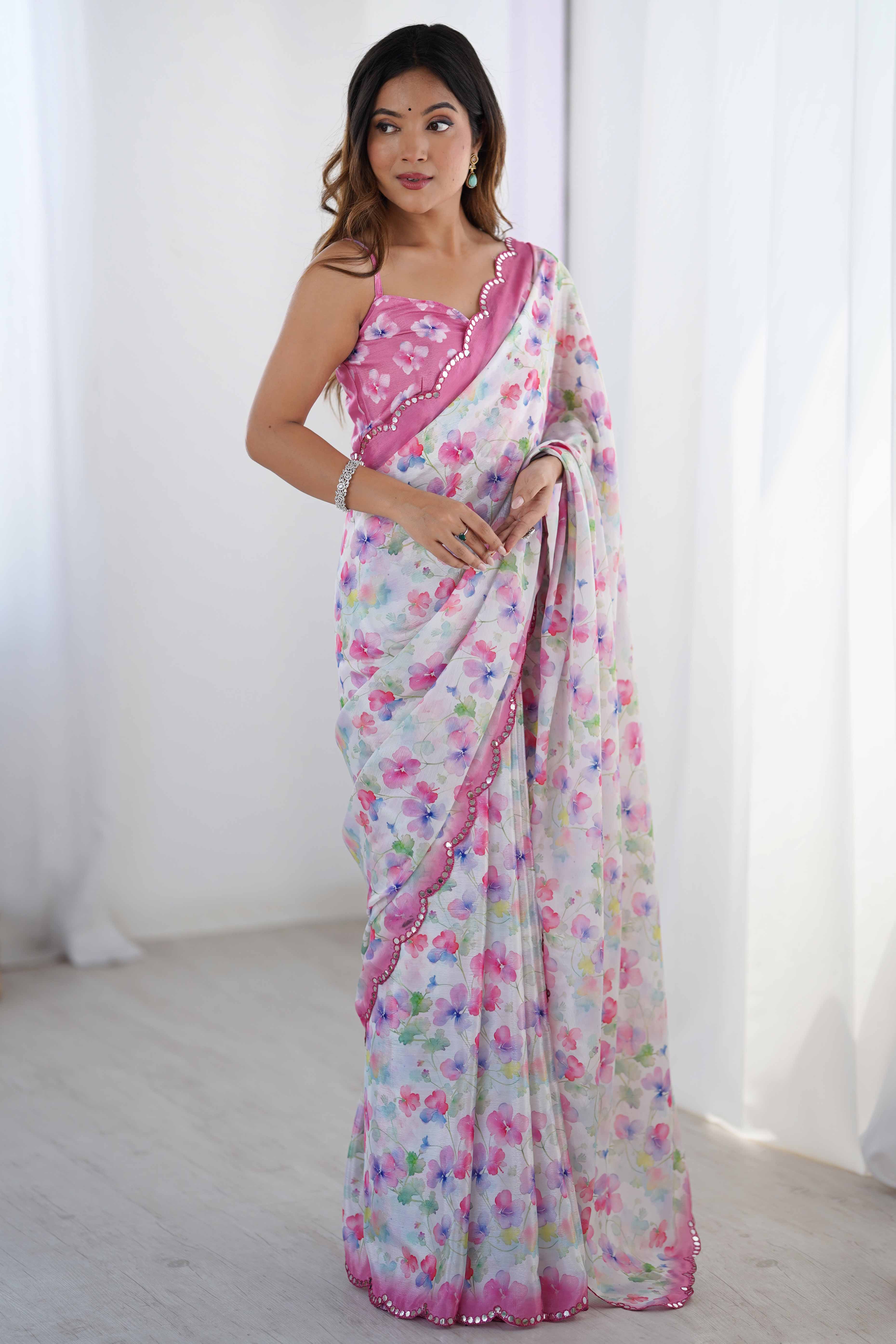 White Floral Printed Chinon Saree With Shimmering Mirror Detailing