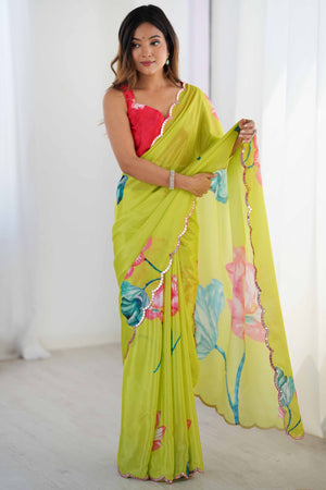 Green Floral Printed Chinon Saree With Shimmering Mirror Detailing