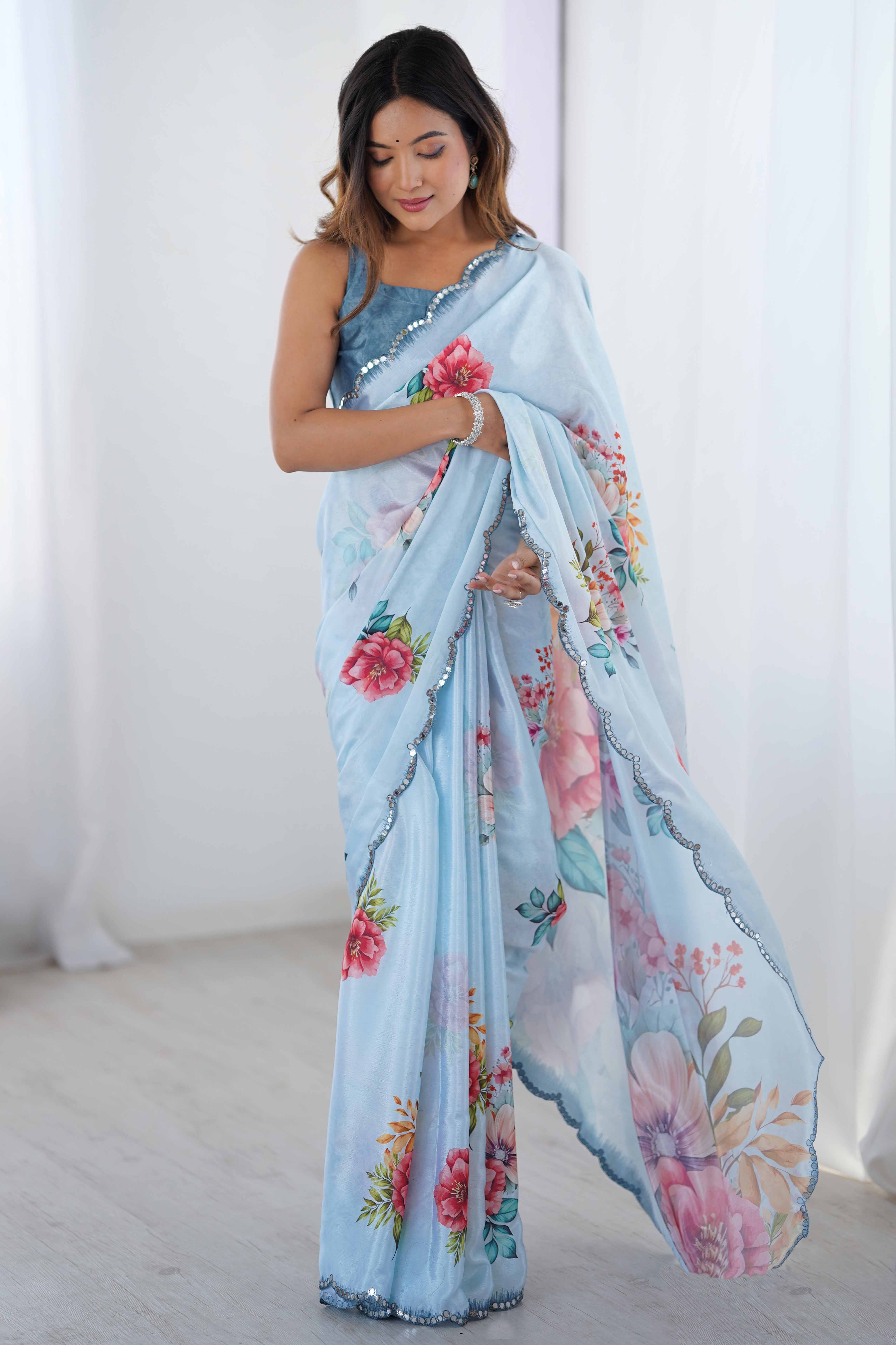 Sky Blue Chinon Saree with Glimmering Mirror Work and Floral Prints