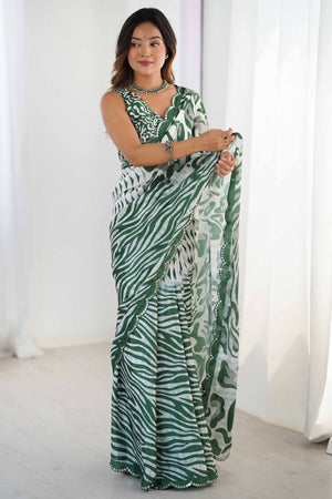 Green & White Chinon Saree with Glimmering Kutchi Mirror Work and Print