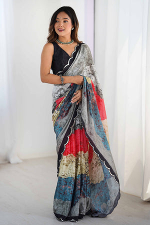 Grey Chinon Saree with Glimmering Kutchi Mirror Work and Print