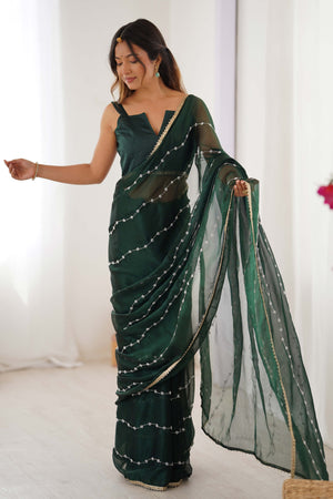 Green Embellished Organza Saree With Delicate Linear Beads & Stones detailing