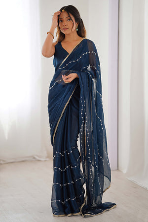 Blue Embellished Organza Saree With Delicate Linear Beads & Stones detailing