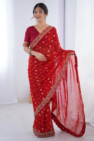Soft Georgette Red Saree with Playful Print and Delicate Sequin Lace Work