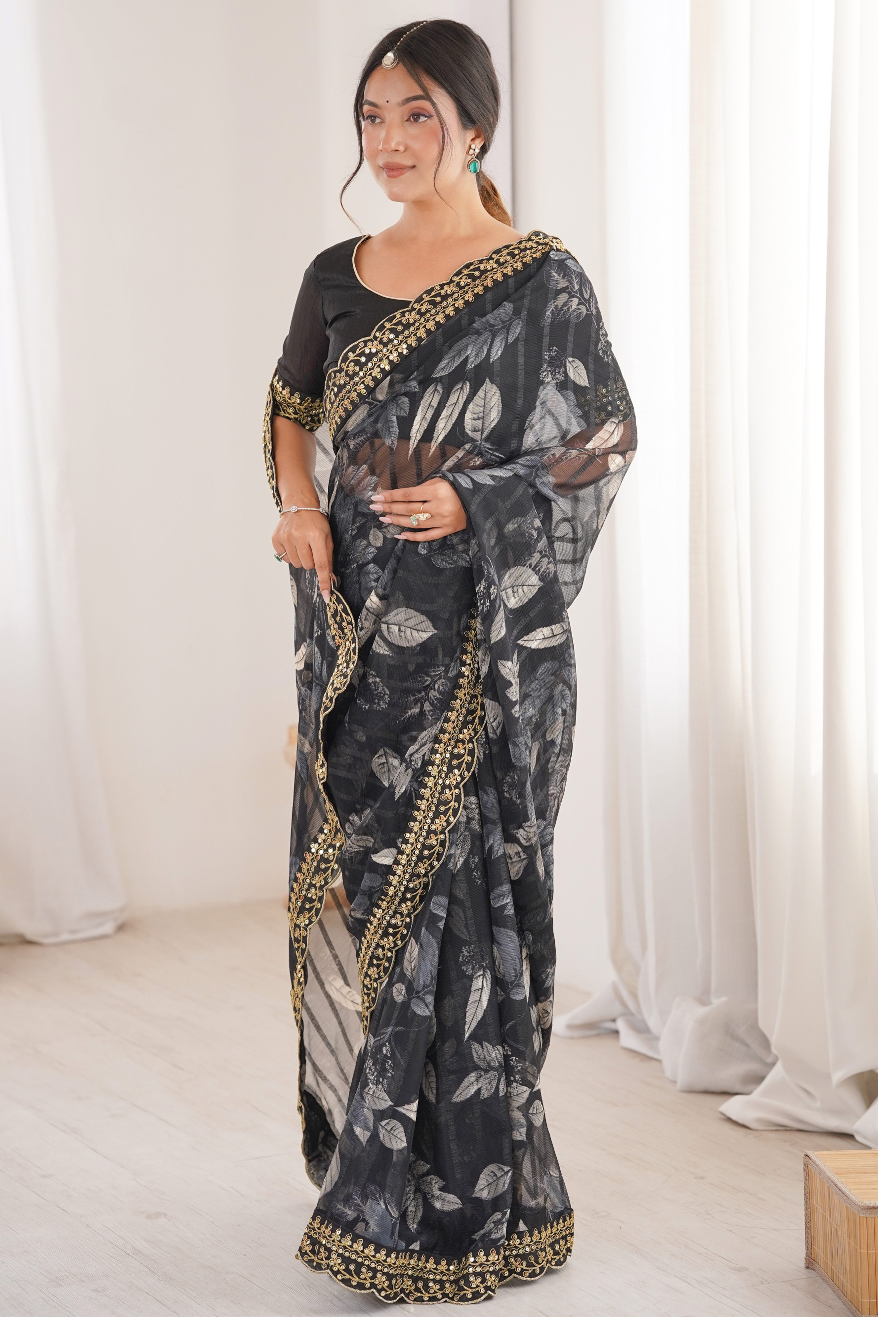 Elegant Black Leaf & Floral Print Georgette Saree With Intricate Cording Sequins Embroidery Border