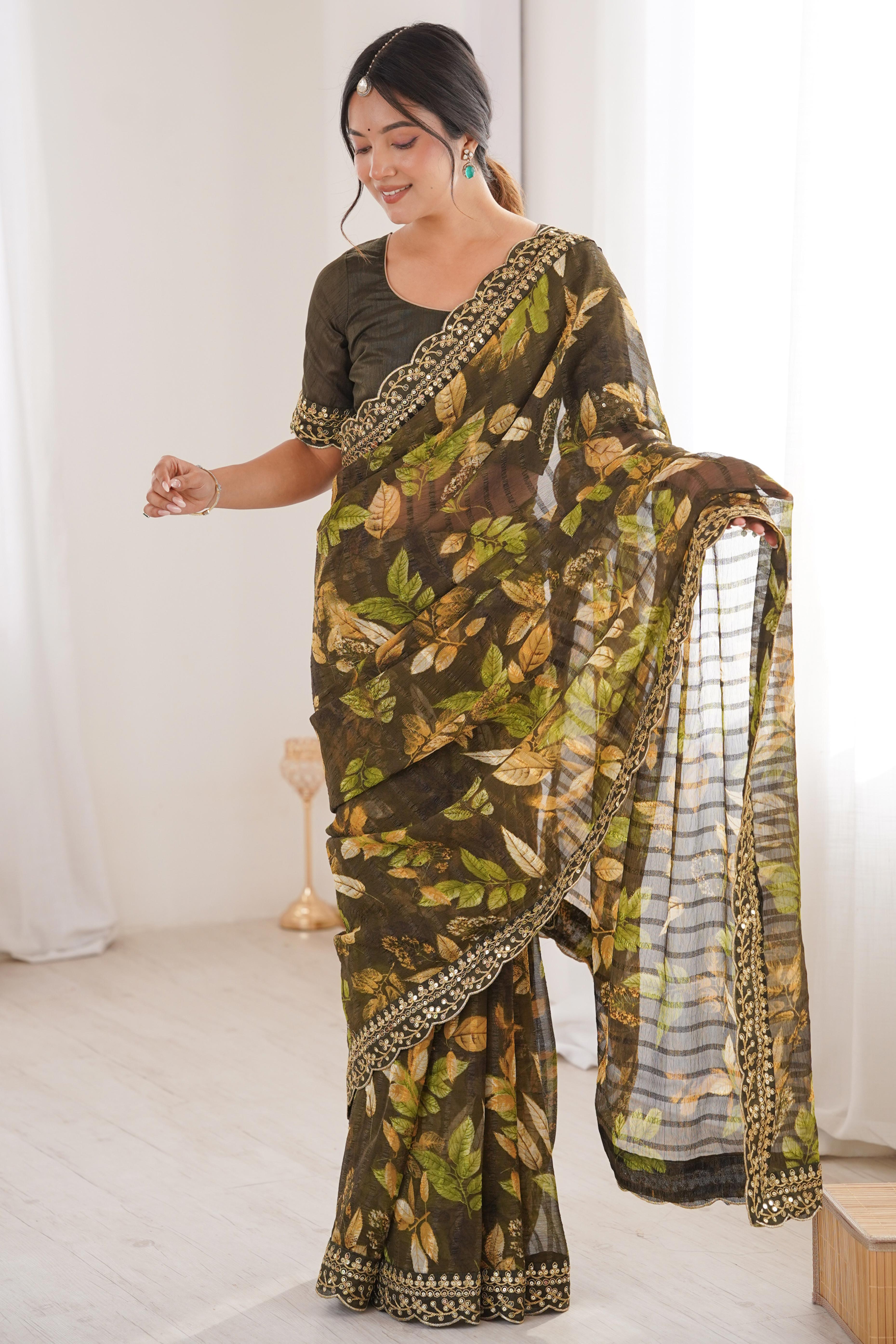 Elegant Green Leaf & Floral Print Georgette Saree With Intricate Cording Sequins Embroidery Border