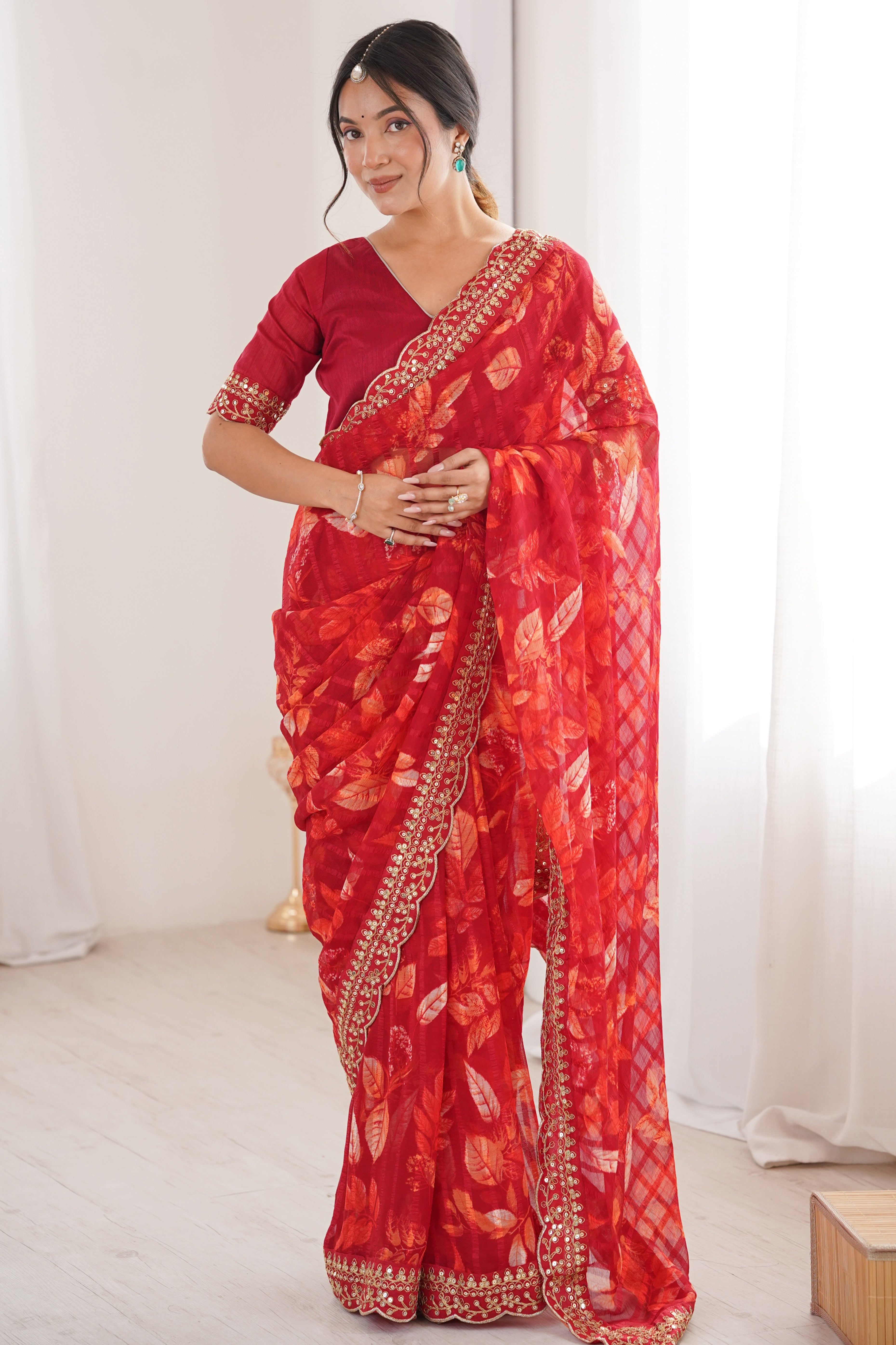 Elegant Red Leaf & Floral Print Georgette Saree With Intricate Cording Sequins Embroidery Border