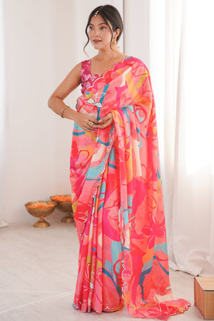 Sophisticated Pink Floral & Abstract Digital Printed Chinon Saree Highlighted By Embroidered Border