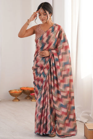 Vibrant Multicolor Ikkat Digital Printed Chinon Saree Accented With Elegant Embroidered Border Work