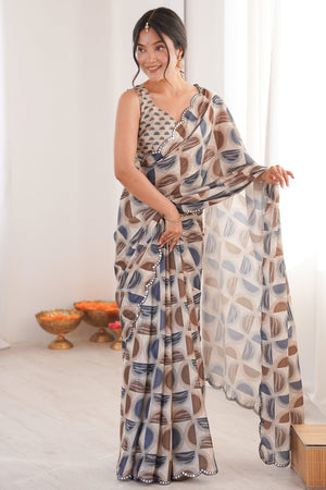 Timeless Multicolor Geometric Digital Printed Chinon Saree With Refined Embroidered Border Accents