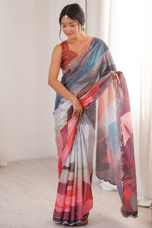 Vibrant Multicolor Digital Printed Chinon Saree Accented With Elegant Embroidered Border Work