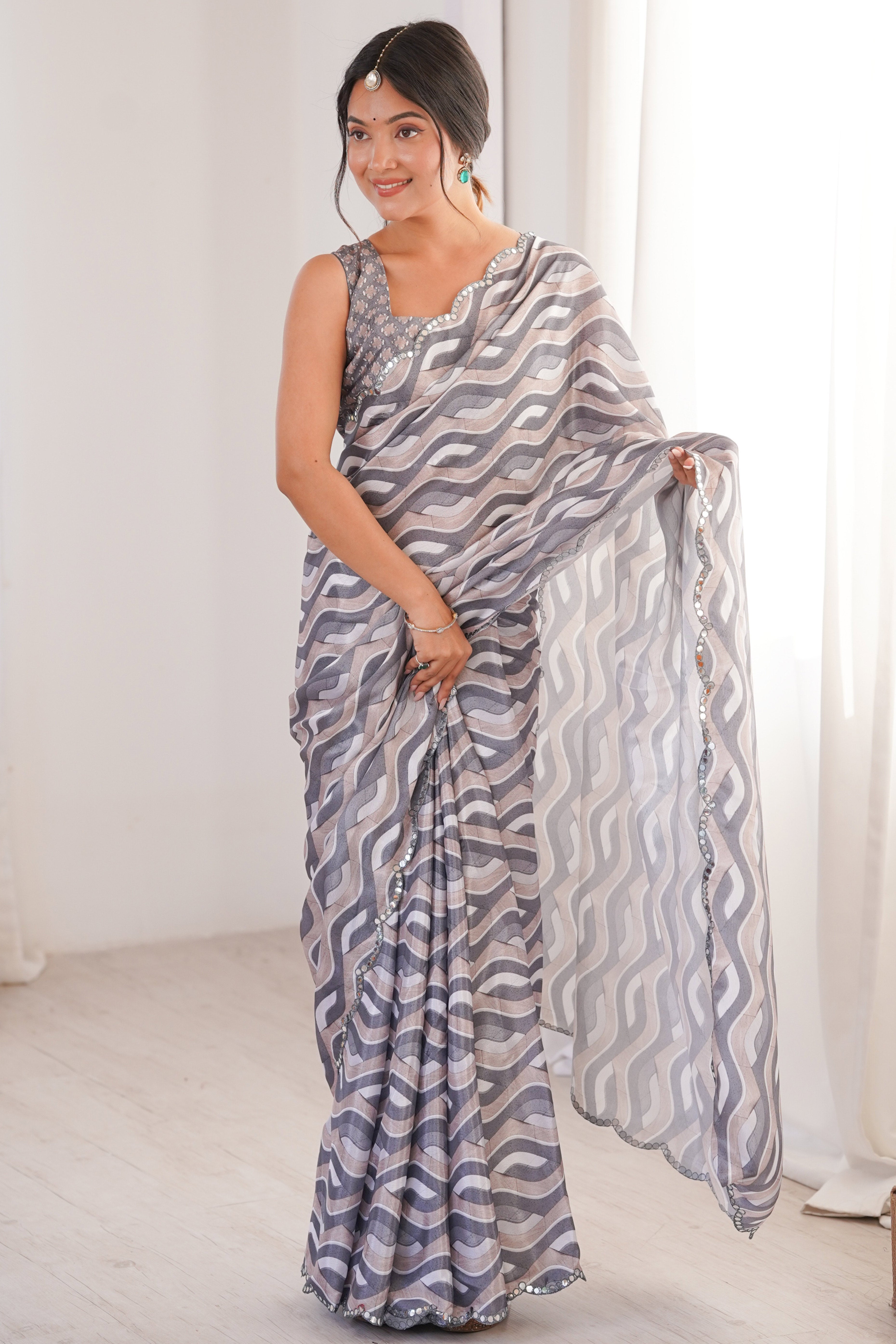 Elegant Grey Zig Zag Digital Printed Chinon Saree Accented With Intricate Embroidered Border