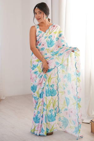 Opulent White Floral Digital Printed Chinon Saree Enhanced With Premium Embroidered Border