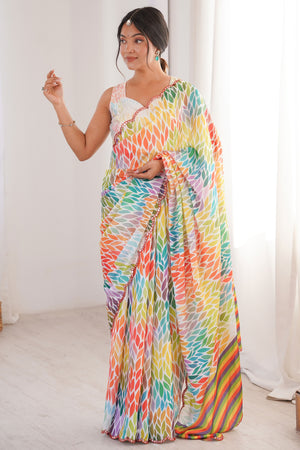 Timeless Multicolor Digital Printed Chinon Saree Enhanced With Fine Embroidered Border Accents