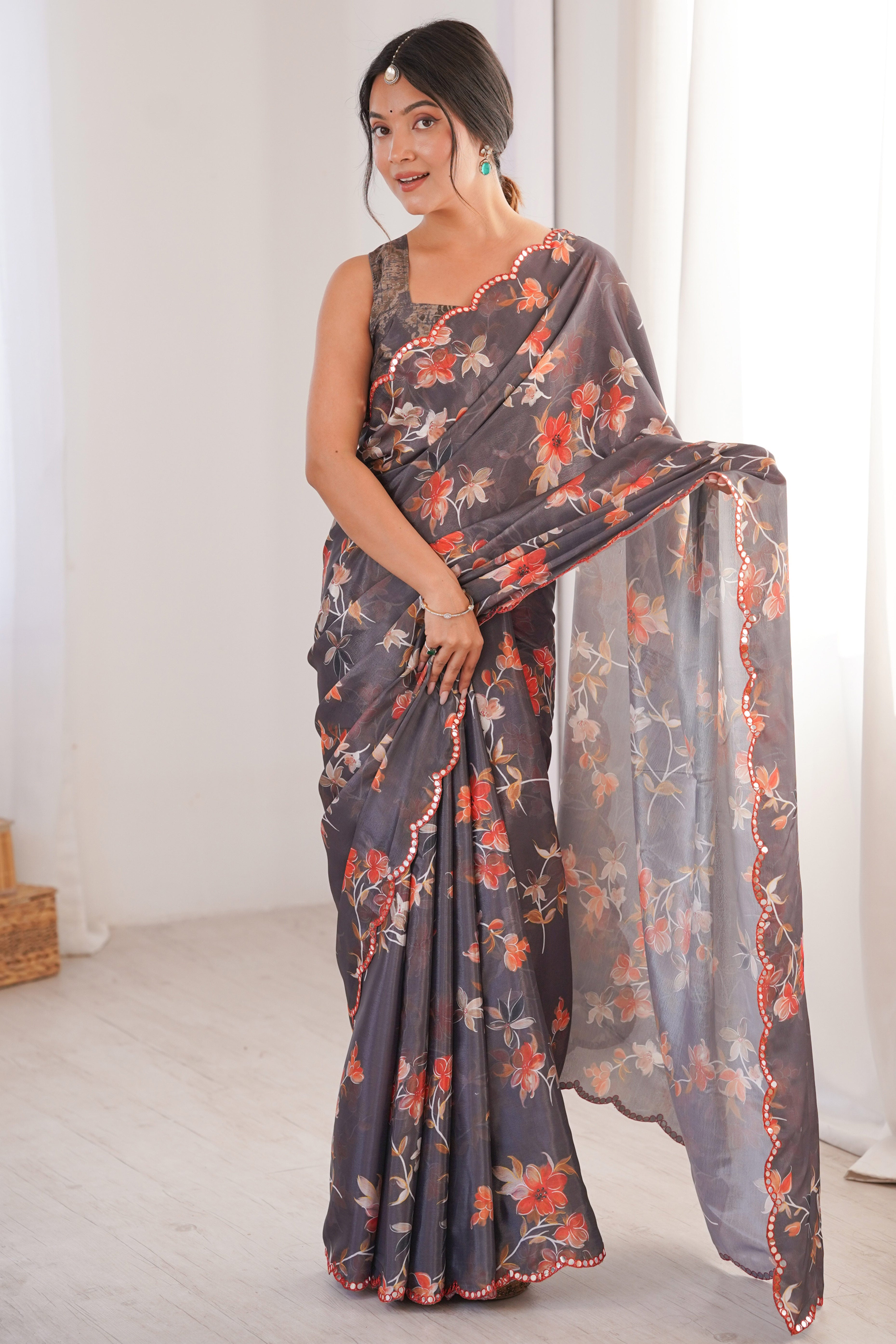 Graceful Grey Floral Digital Printed Chinon Saree Highlighted By Delicate Embroidered Border