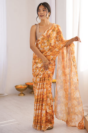 Refined Mustard Floral Digital Printed Chinon Saree Showcasing Artistic Embroidered Border