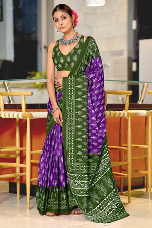 Fresh Green & Purple Soft Cotton Saree with All-Over Floral Prints