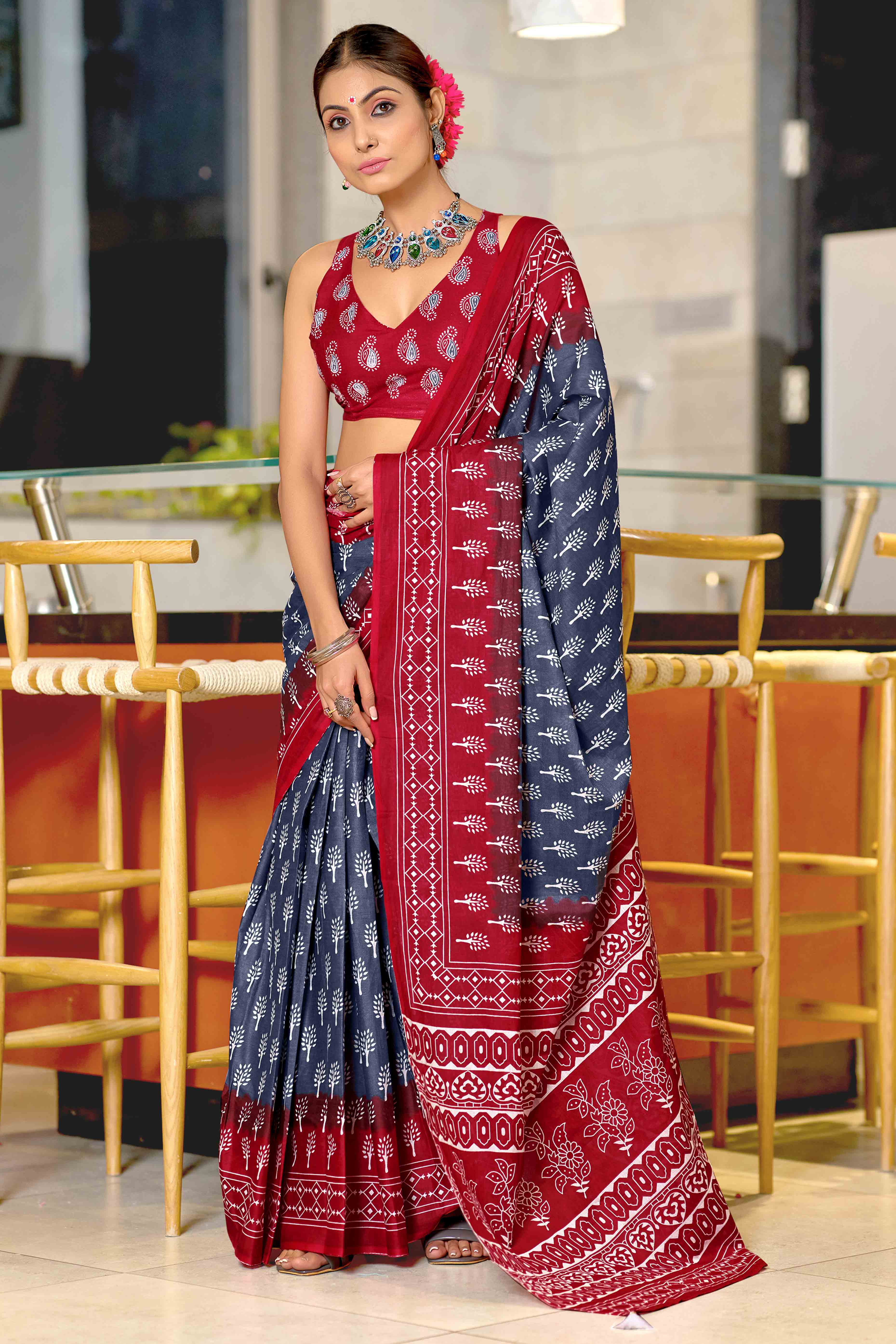 Vibrant Red & Grey Floral Print Soft Cotton Saree for Daily Wear