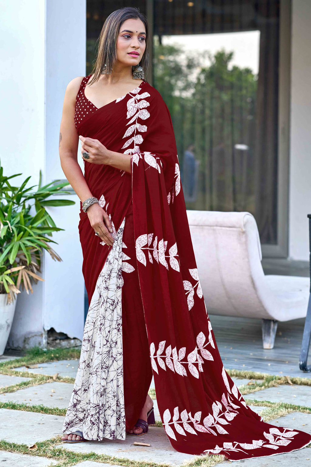 Maroon - Handwoven Merino Wool Natural Dyed Hand Block Bagh Print Saree 08 main image 0