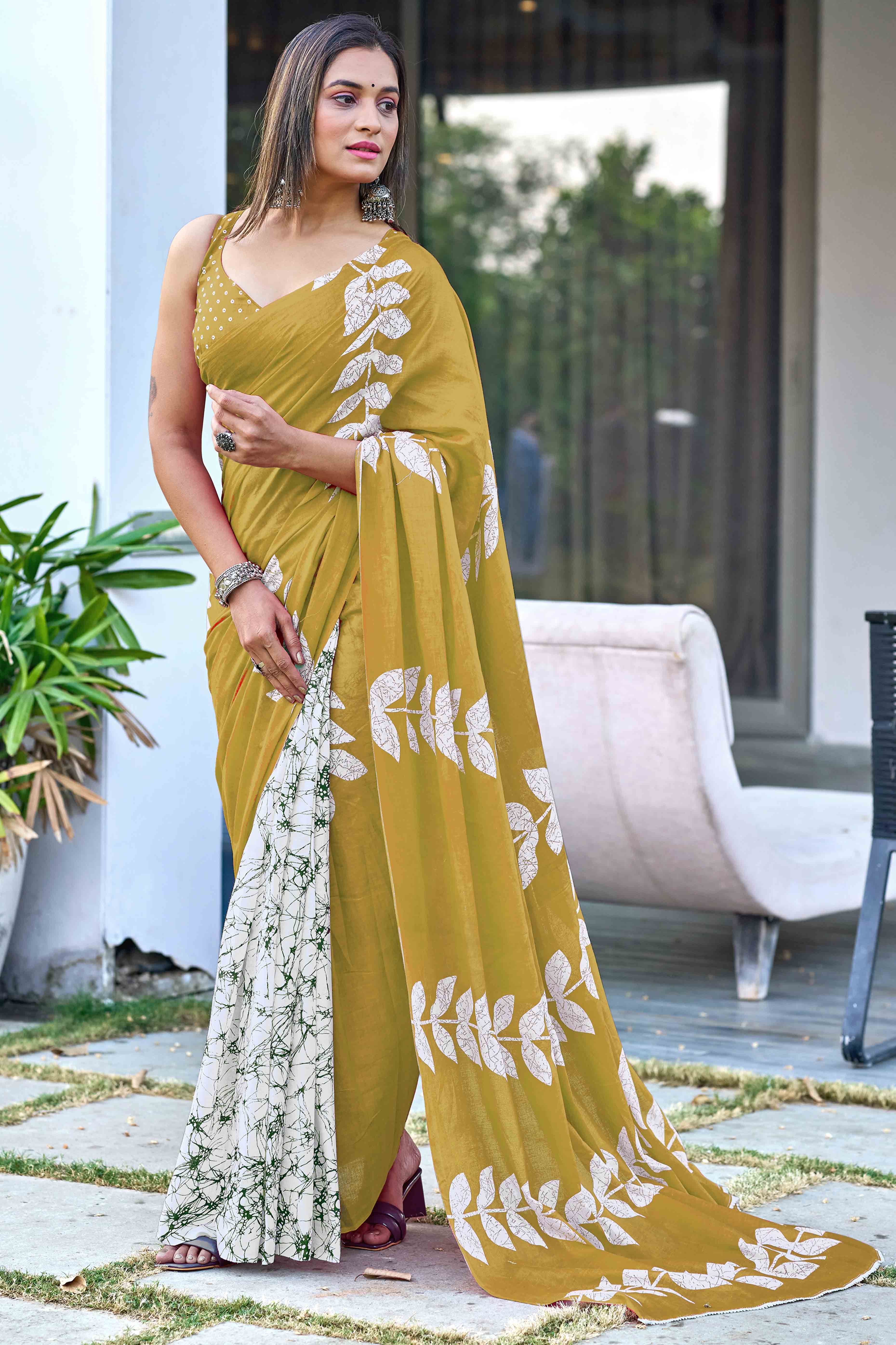 Olive Green Bagru Block Printed Pure Cotton Saree