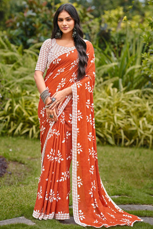 Rust Orange Pure Cotton Saree with Delicate Floral Patterns