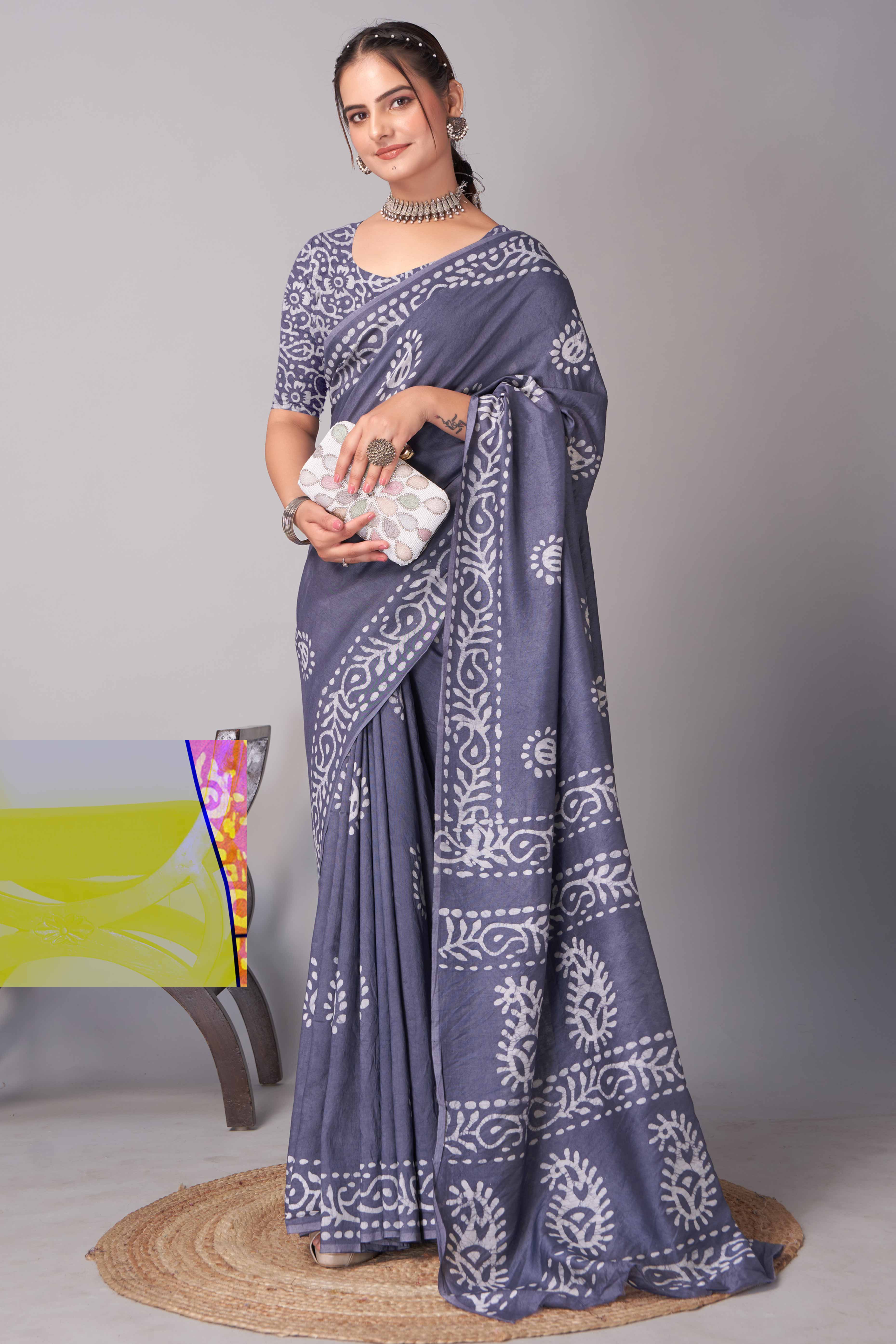 Grey Batik Printed Chanderi Cotton Silk Saree