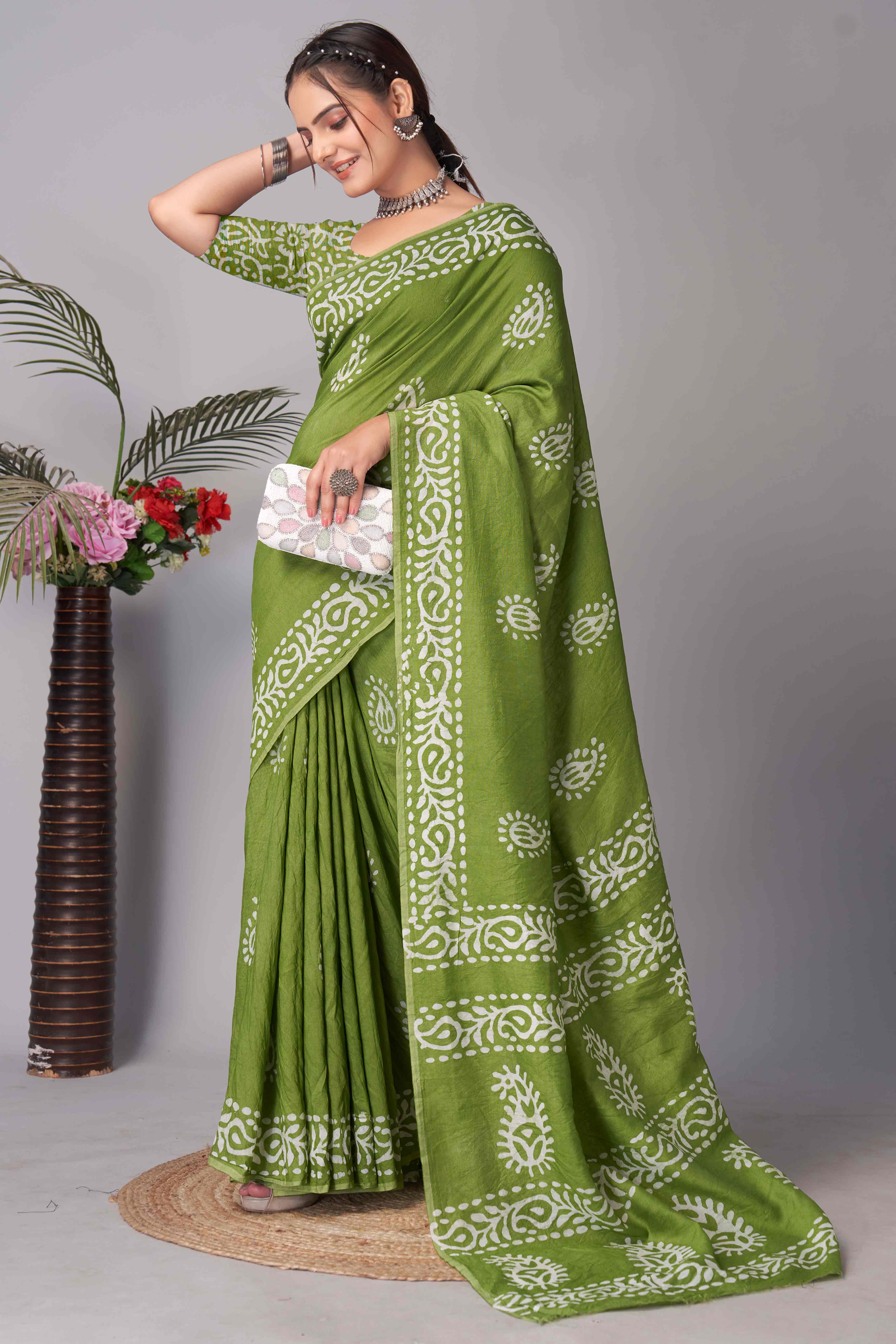 Parrot Green Batik Printed Chanderi Cotton Silk Saree