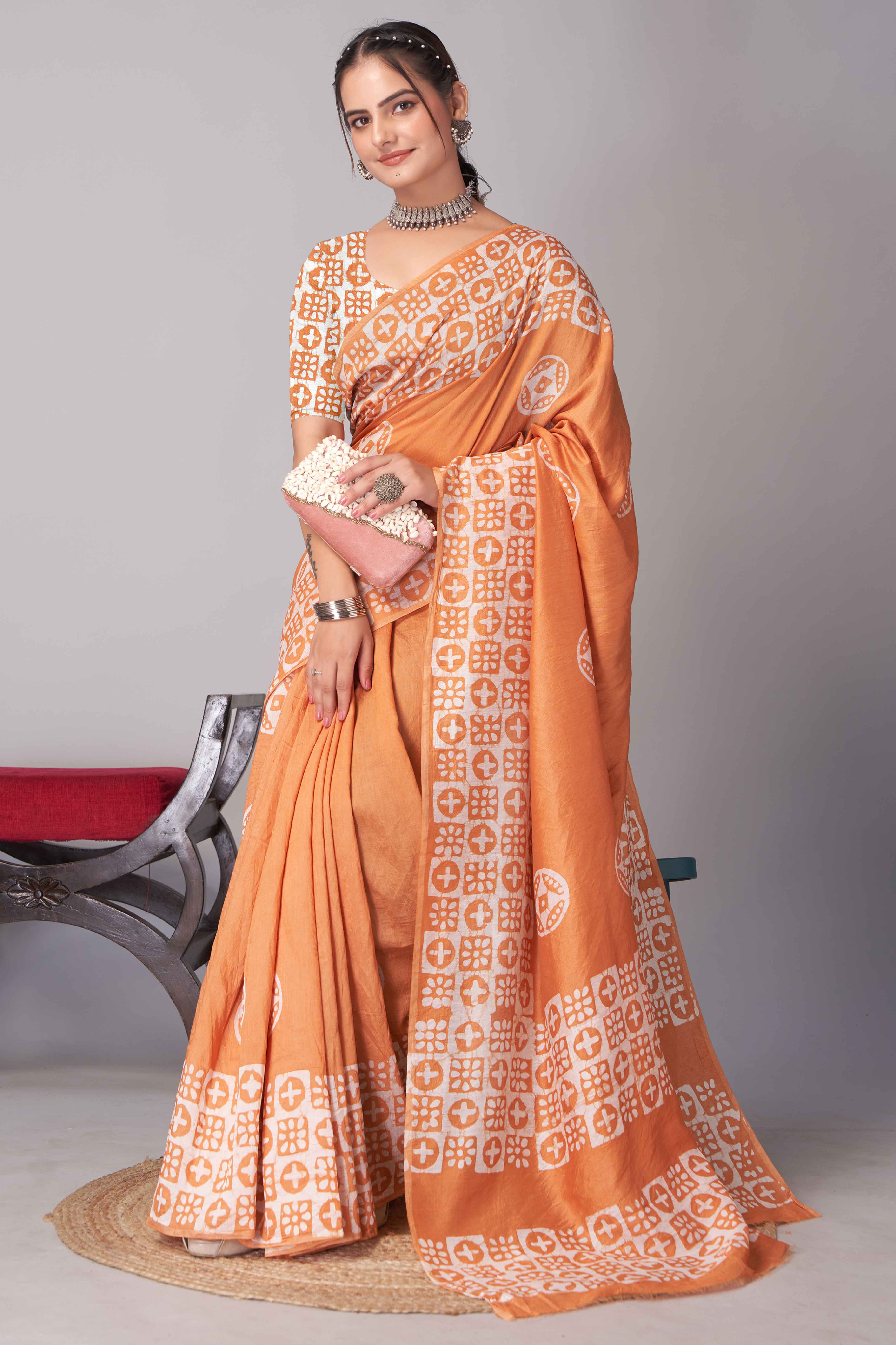 Orange Batik Printed Chanderi Cotton Silk Saree