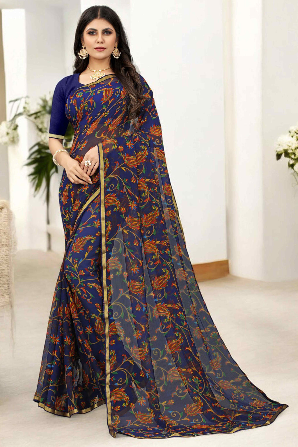 Blue Printed Chiffon Saree