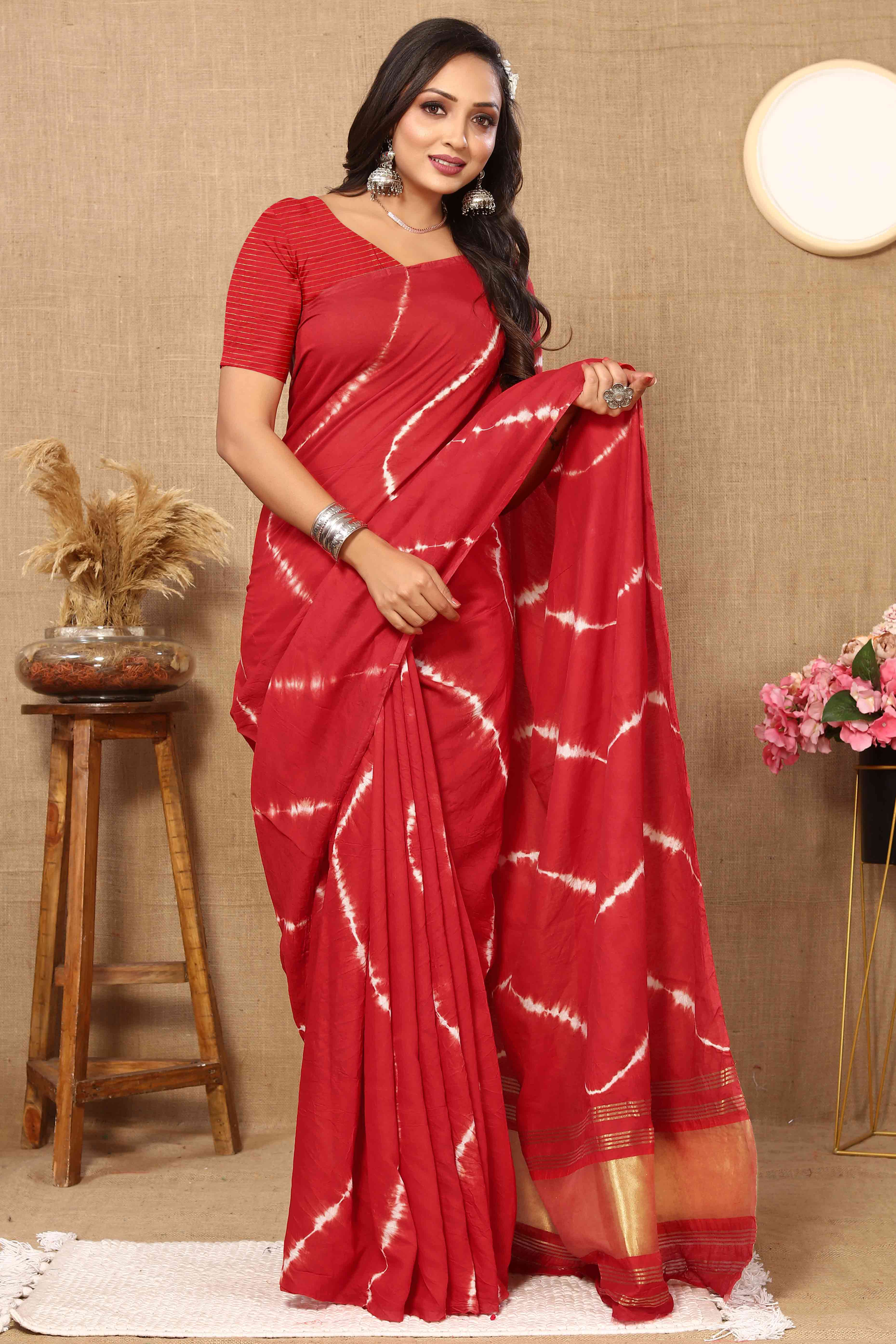 Red Leheriya Printed Chanderi Cotton Silk Lagdi Patta Saree