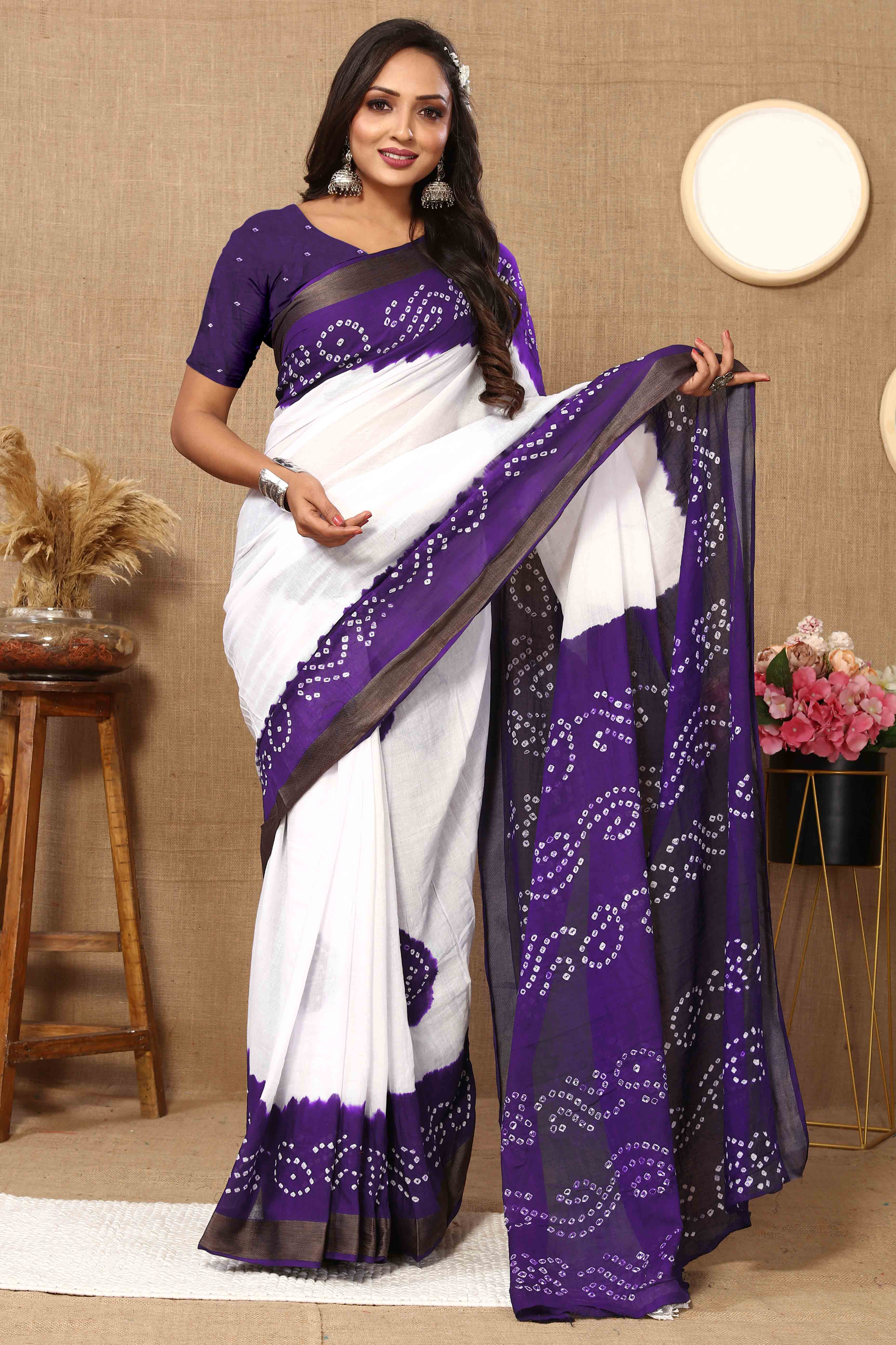 Purple & White Bandhani Printed Mul Mul Pure Cotton Saree
