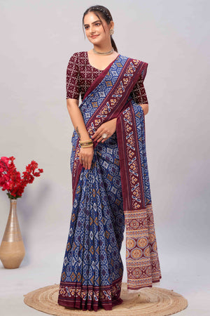 Blue Ajrakh Printed Cotton Blend Saree