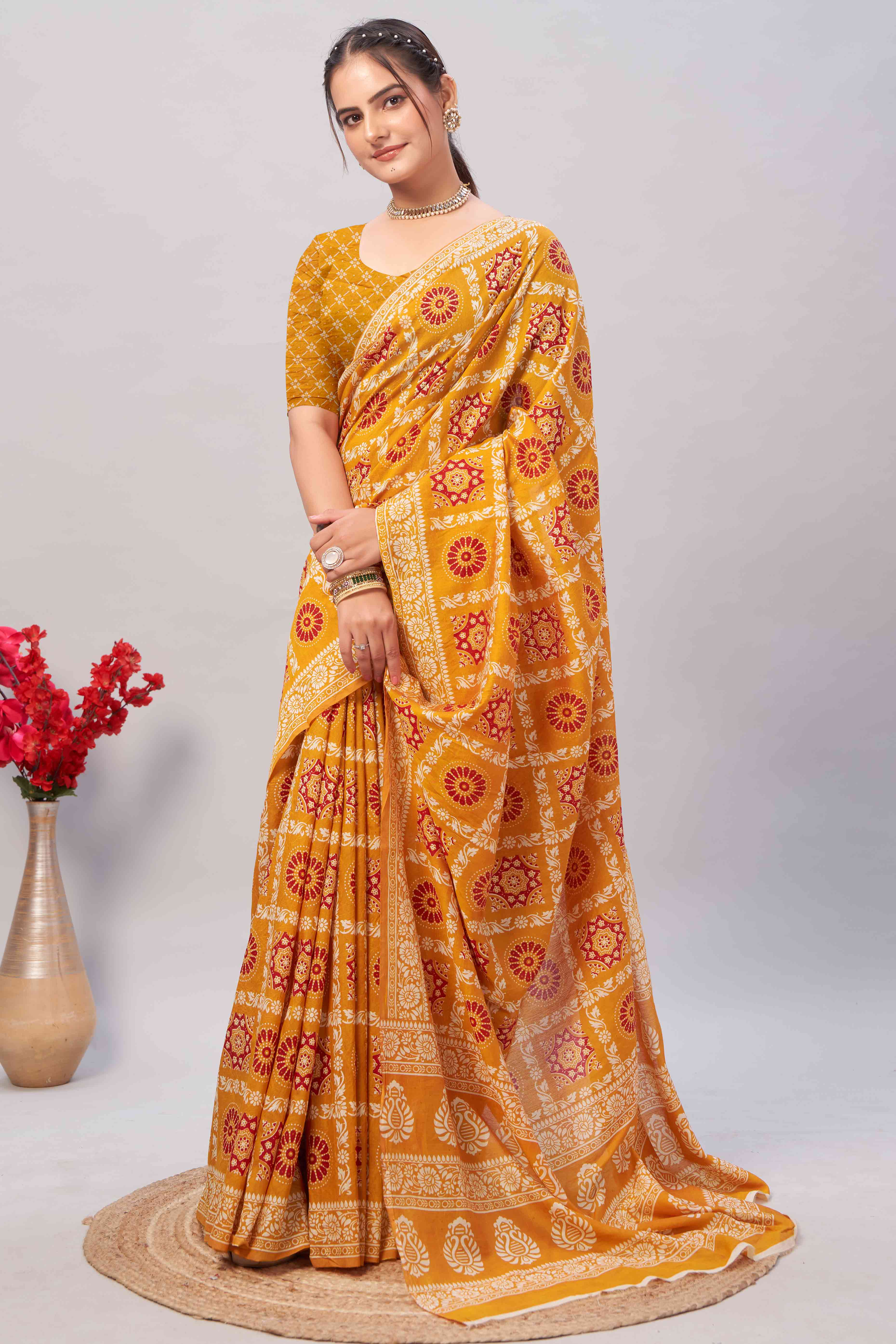 Mustard Ajrakh Printed Cotton Blend Saree