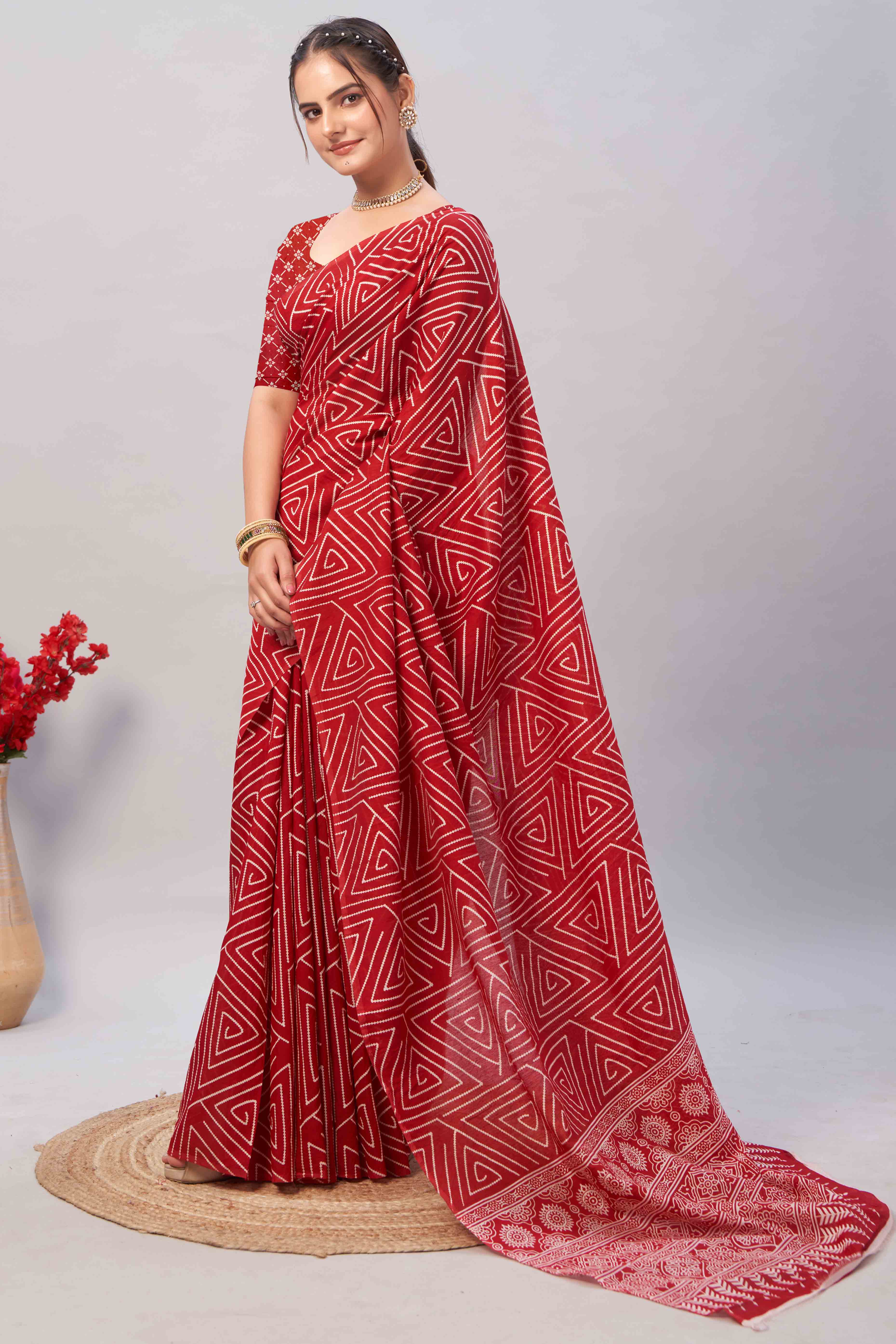 Red Ajrakh Printed Cotton Blend Saree