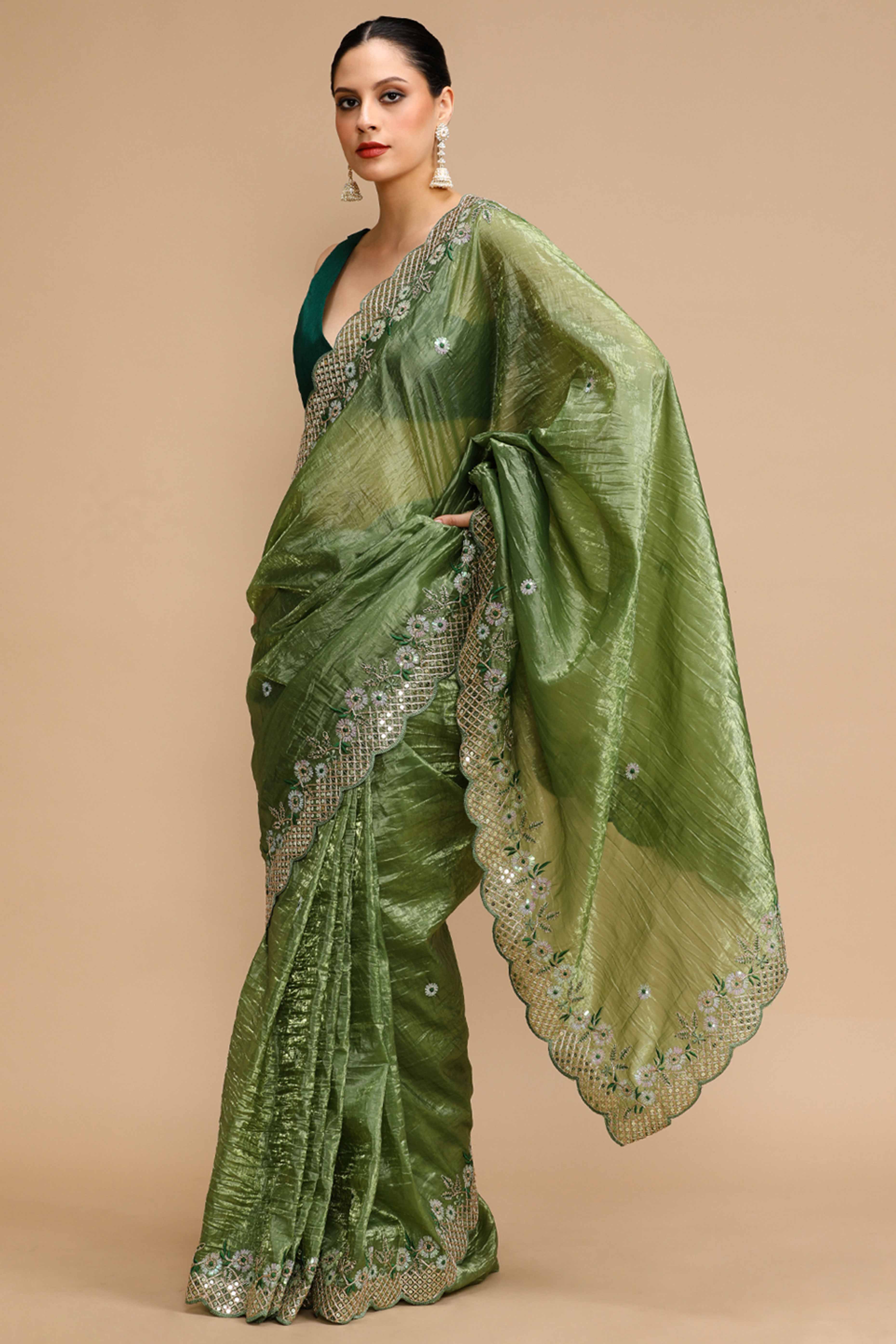 Forest Green Floral Design Art Silk Saree with Glittering Sequins Embroidery