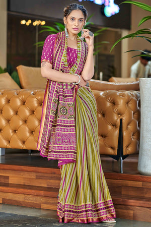 Mehendi Green Mulmul Cotton Saree with Elegant Stripes