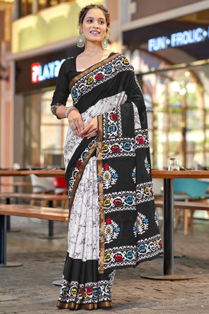 Black Batik Traditional Print Printed Pure Mulmul Cotton Saree