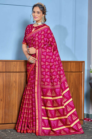 Chic Pink Geometric Printed Pure Mulmul Saree