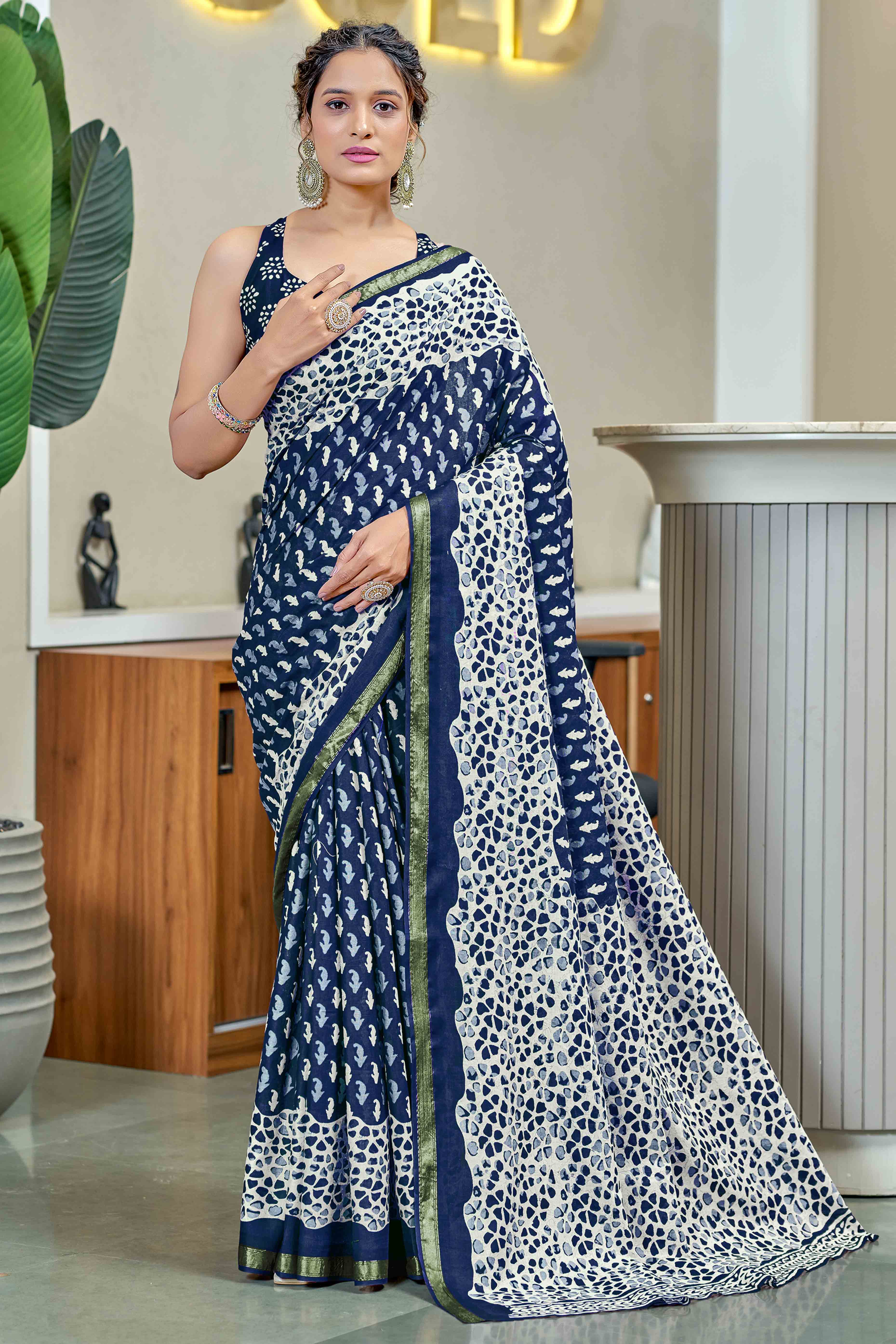 Contemporary Blue Geometric Print Mulmul Cotton Saree