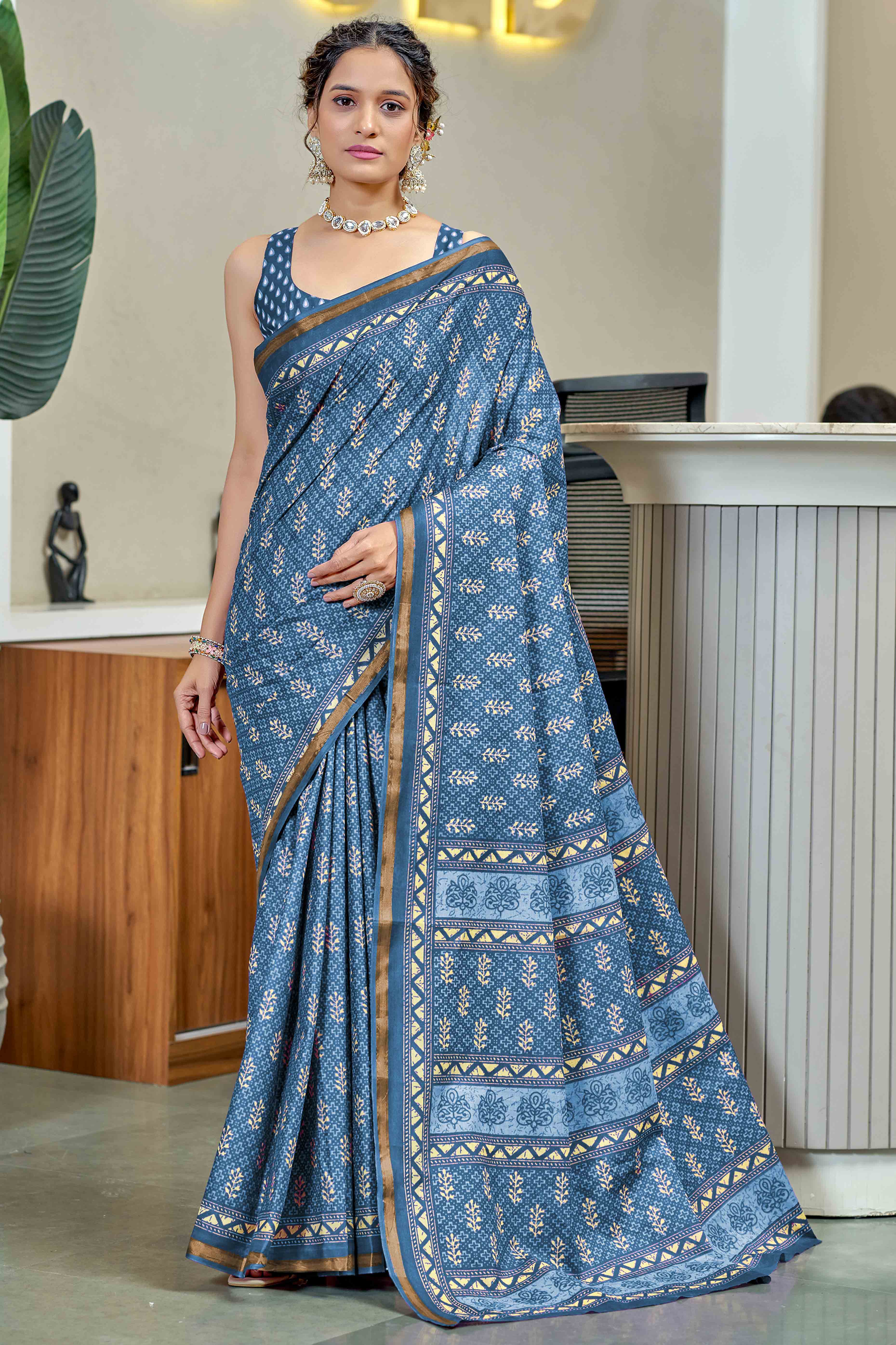 Refreshing Teal Floral Print Pure In Mulmul Saree