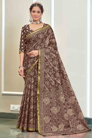 Coffee Brown Abstract Print Printed Pure Mulmul Cotton Saree