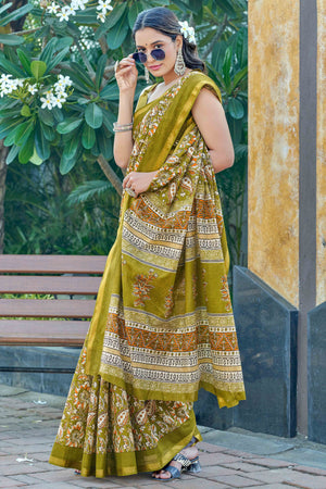 Mehendi Green Paisley Printed Pure Mulmul Cotton Saree