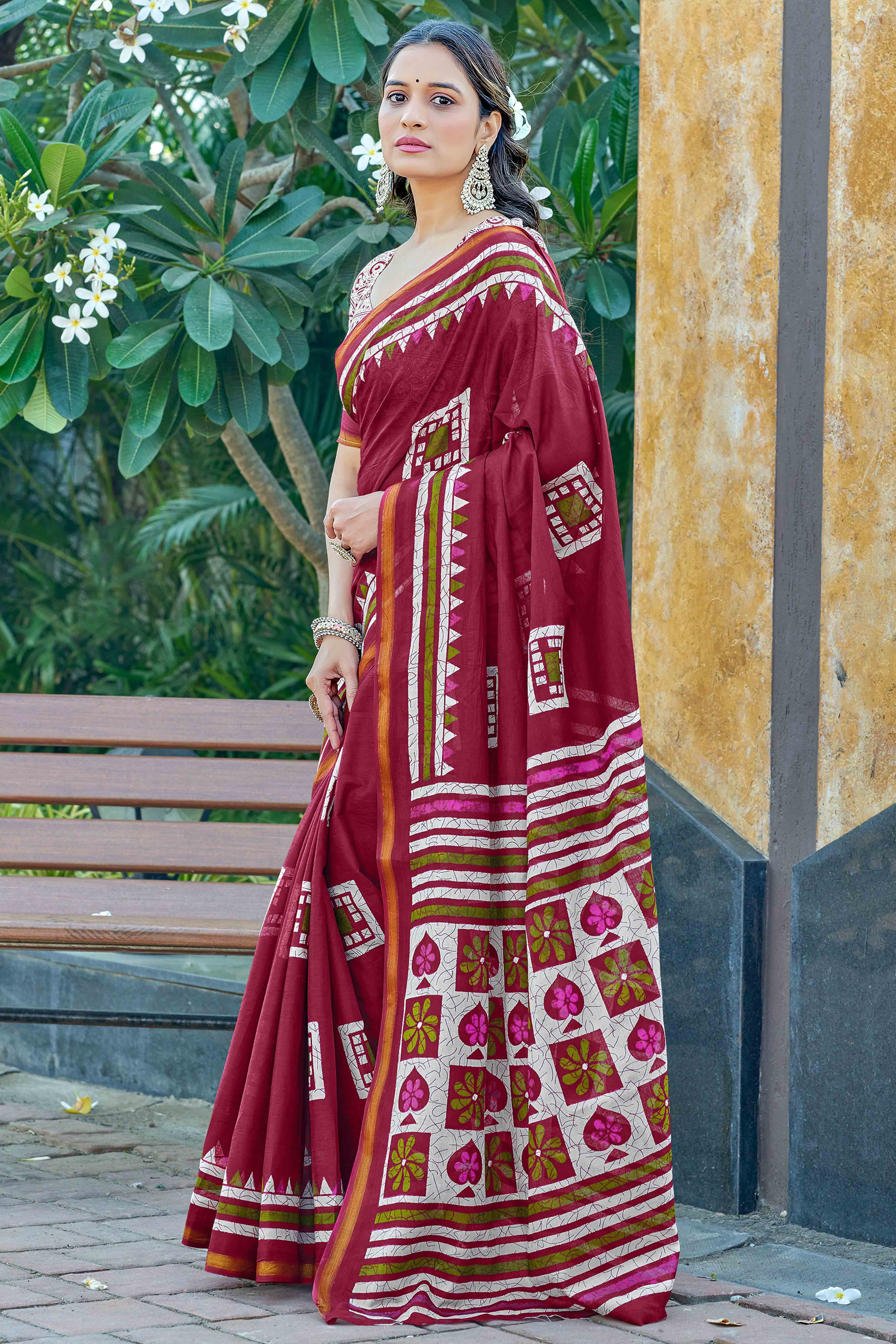Maroon Geometric Printed Pure Mulmul Cotton Saree